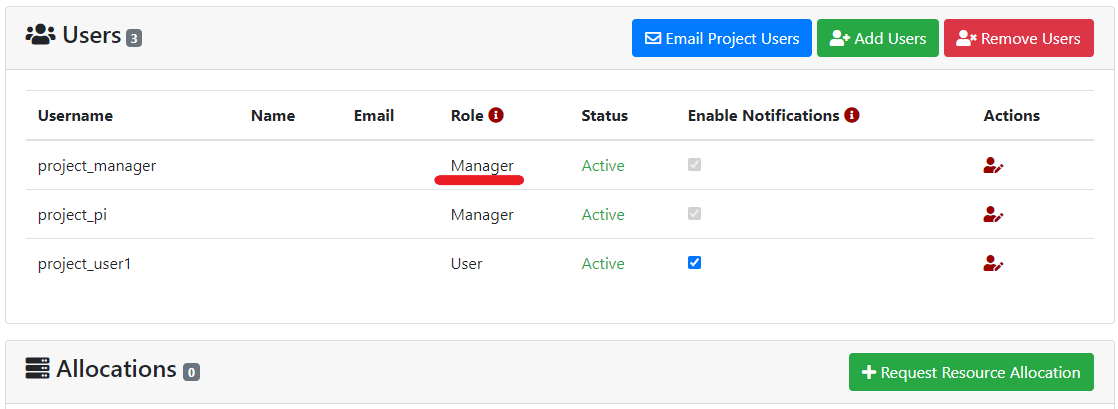Project Users - view manager